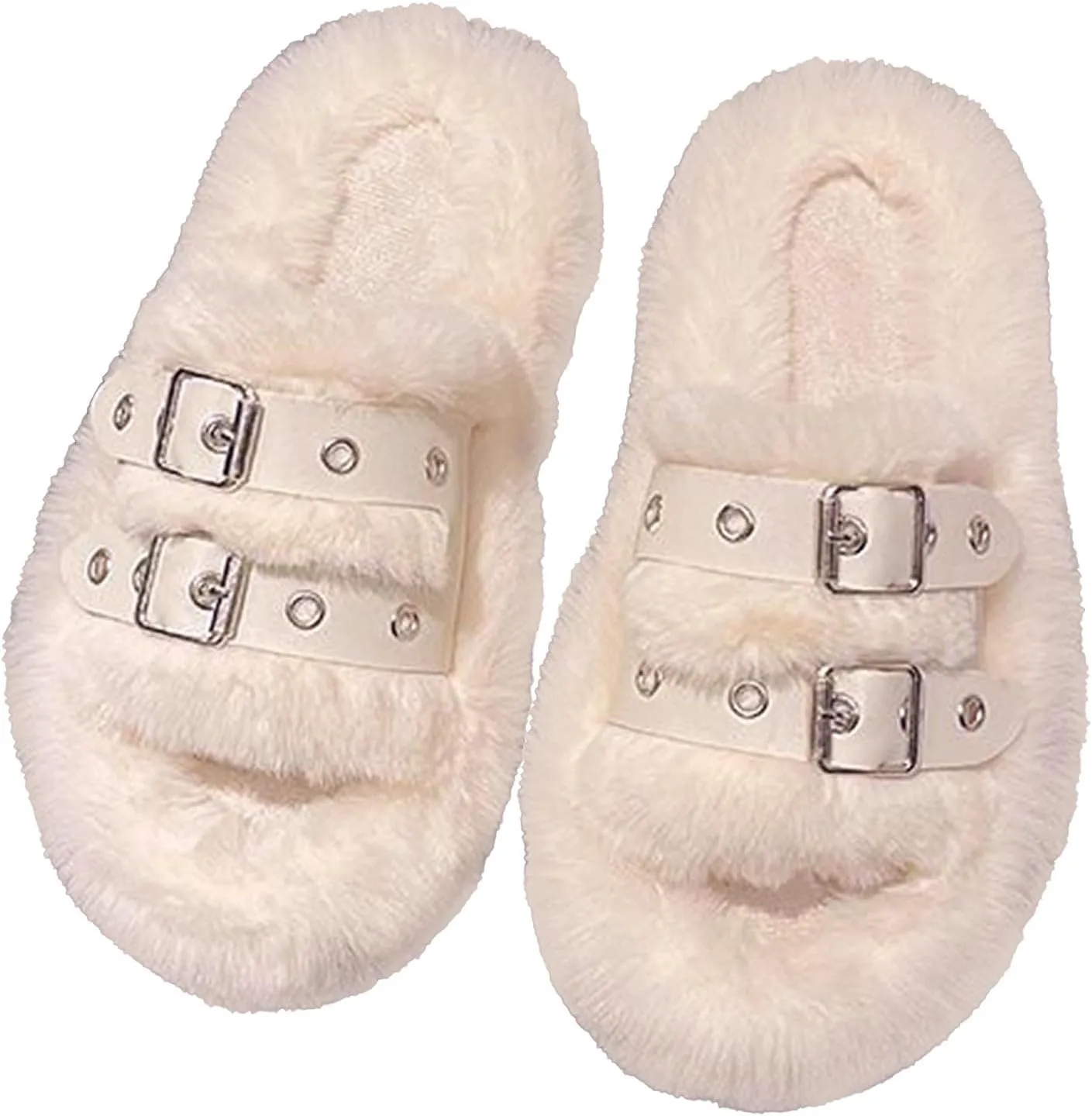 Women's Plush Slippers Warm Cozy Fluffy Soft Bottom Buckle Open Toe Fuzzy Indoor Home Slipper