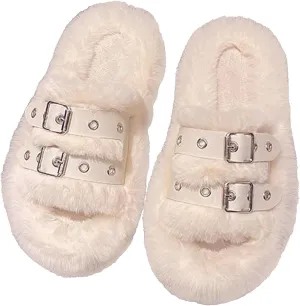 Women's Plush Slippers Warm Cozy Fluffy Soft Bottom Buckle Open Toe Fuzzy Indoor Home Slipper