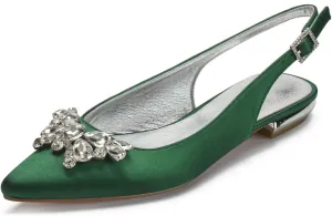 Women's Pointed Toe Slingback Flat Ballet Rhinestone Shoes Satin Evening Party Dress Wedding Bridal Shoes
