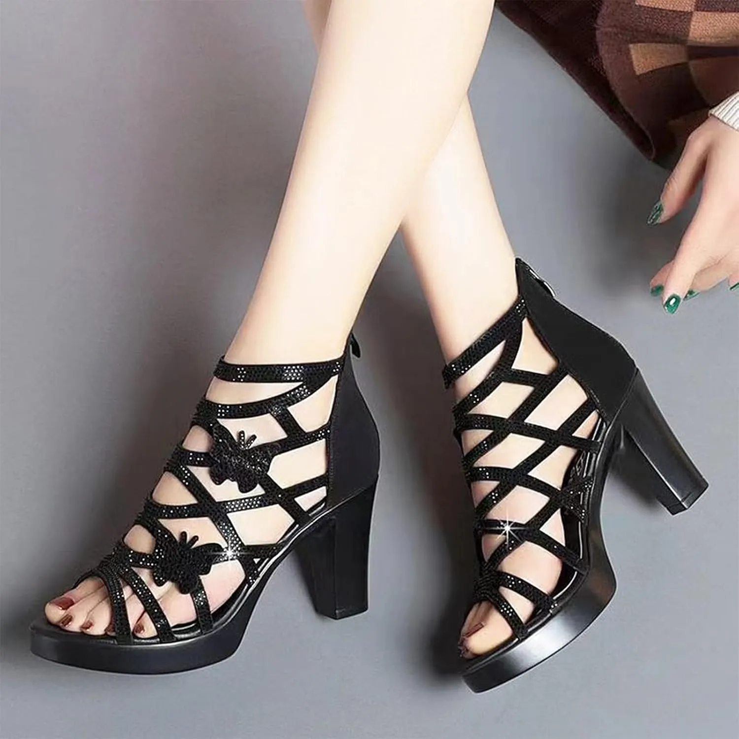 Women's Rhinestone Butterfly Hollow Out Heeled Roman Sandals with Back Zipper Open Toe Breathable Non-Slip Summer Dressy Bootie Sandals