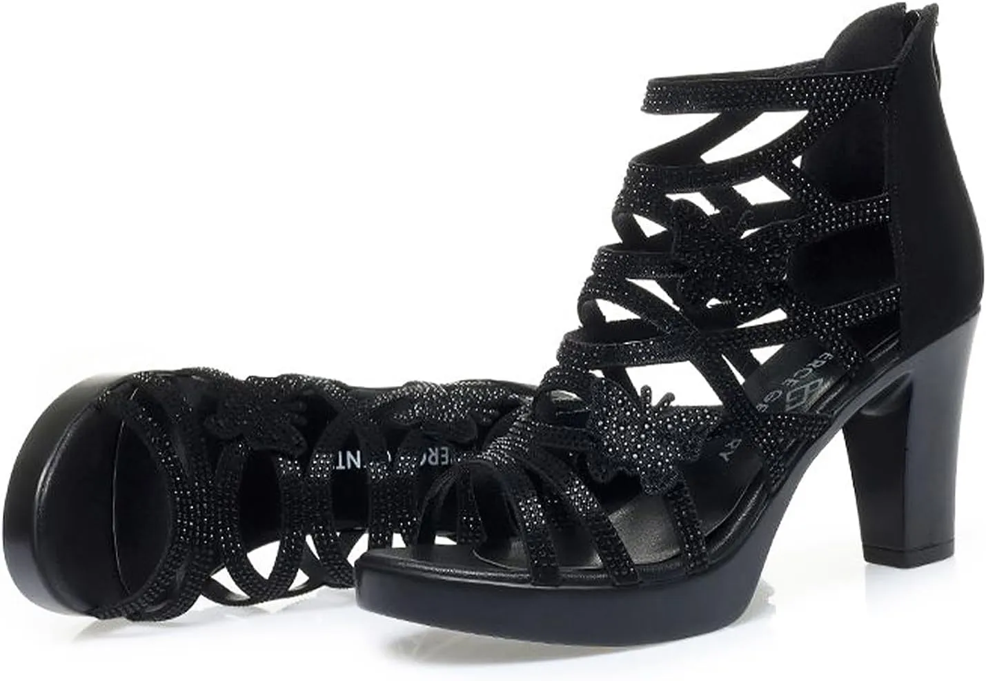 Women's Rhinestone Butterfly Hollow Out Heeled Roman Sandals with Back Zipper Open Toe Breathable Non-Slip Summer Dressy Bootie Sandals