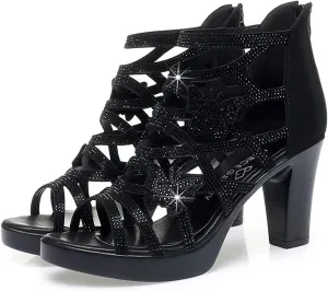 Women's Rhinestone Butterfly Hollow Out Heeled Roman Sandals with Back Zipper Open Toe Breathable Non-Slip Summer Dressy Bootie Sandals