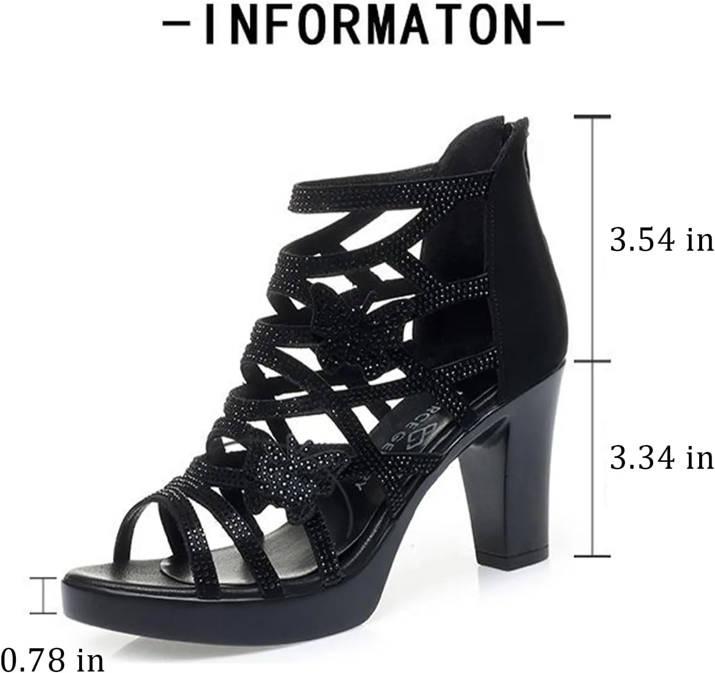 Women's Rhinestone Butterfly Hollow Out Heeled Roman Sandals with Back Zipper Open Toe Breathable Non-Slip Summer Dressy Bootie Sandals
