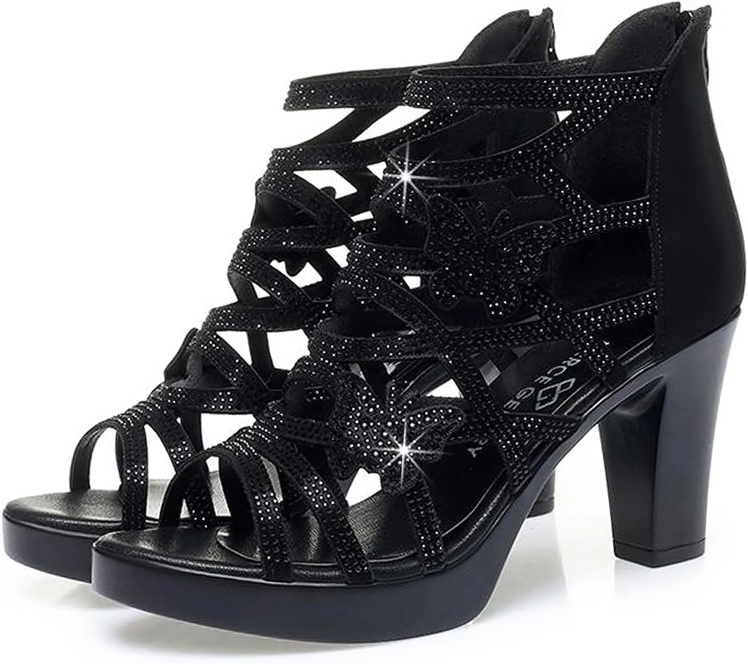 Women's Rhinestone Butterfly Hollow Out Heeled Roman Sandals with Back Zipper Open Toe Breathable Non-Slip Summer Dressy Bootie Sandals