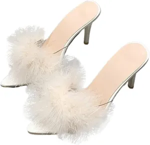 YIBLBOX Women's Fluffy Feather Pointed Toe High Stiletto Toe Wedding Dress Heel Slipper