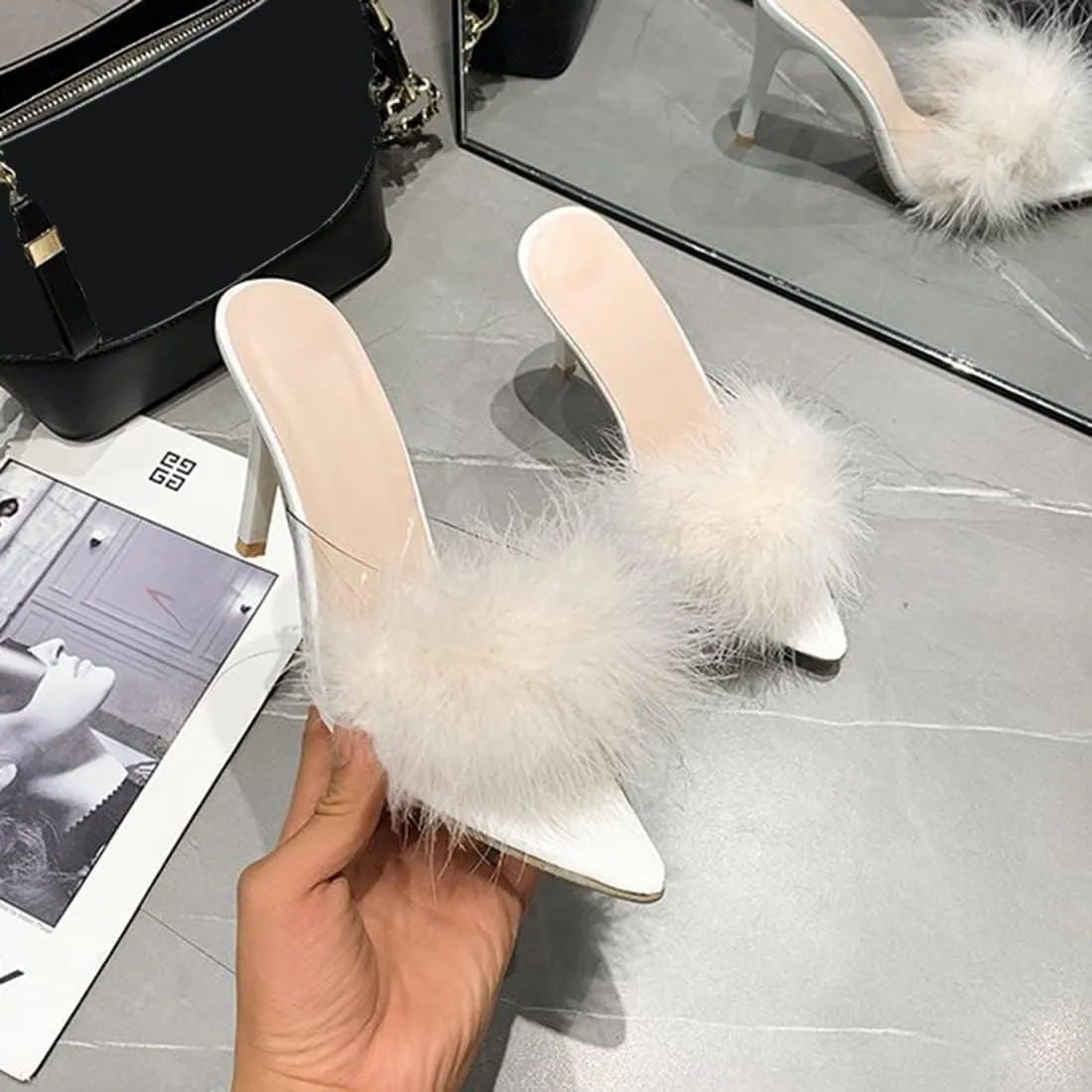 YIBLBOX Women's Fluffy Feather Pointed Toe High Stiletto Toe Wedding Dress Heel Slipper