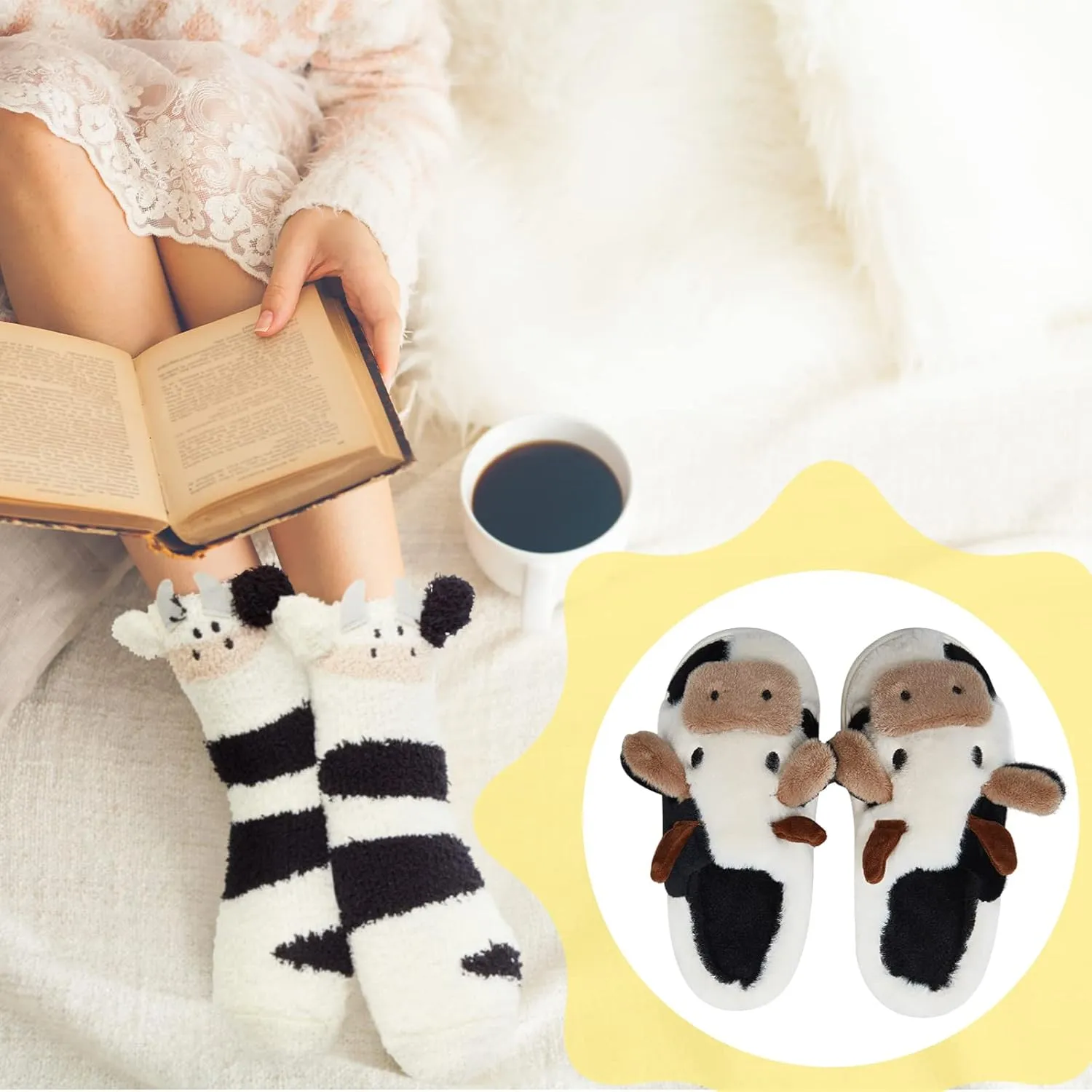 Zhanmai Fuzzy Cow Slippers Sock Gift Women Cartoon Animals Fluffy Plush Non Skid Winter Print House Shoes
