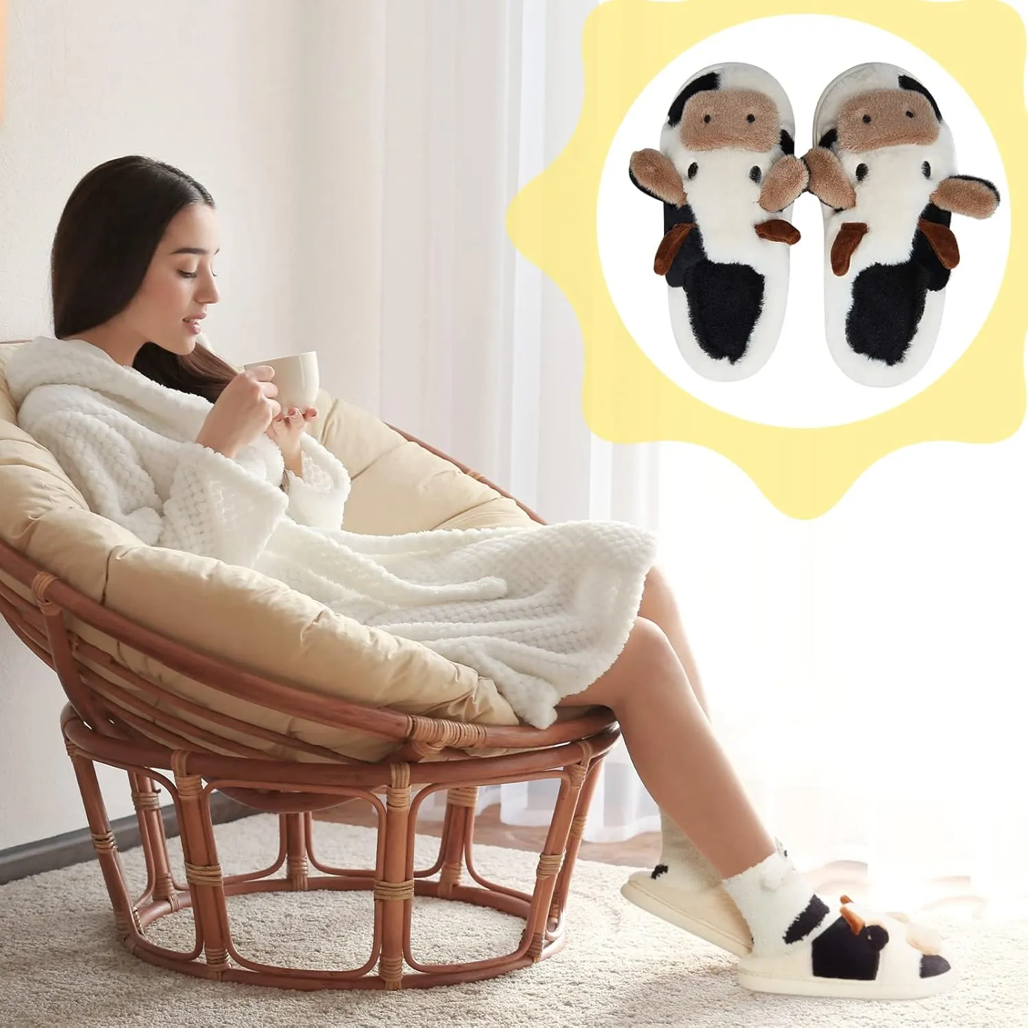 Zhanmai Fuzzy Cow Slippers Sock Gift Women Cartoon Animals Fluffy Plush Non Skid Winter Print House Shoes