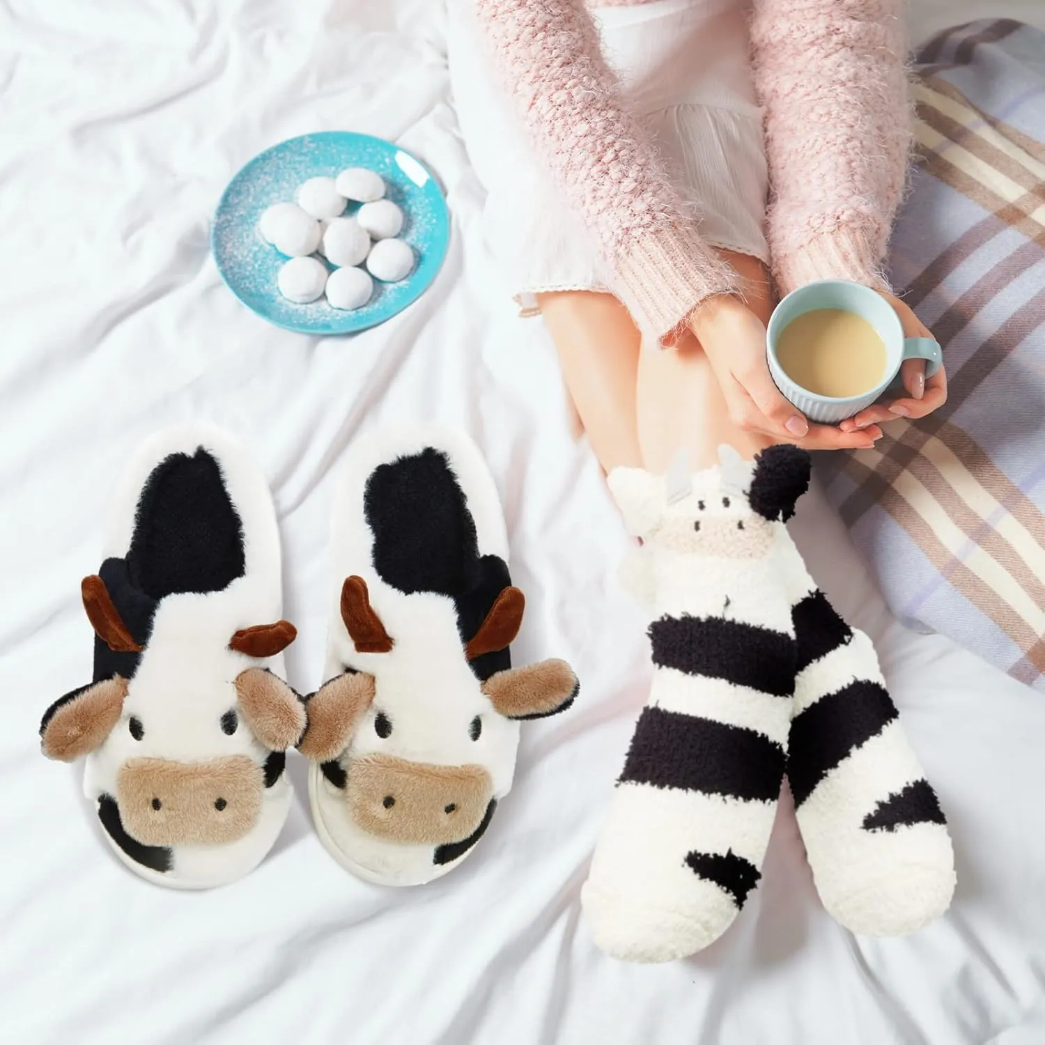 Zhanmai Fuzzy Cow Slippers Sock Gift Women Cartoon Animals Fluffy Plush Non Skid Winter Print House Shoes