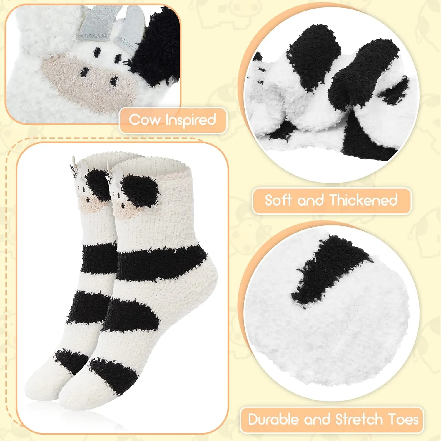 Zhanmai Fuzzy Cow Slippers Sock Gift Women Cartoon Animals Fluffy Plush Non Skid Winter Print House Shoes