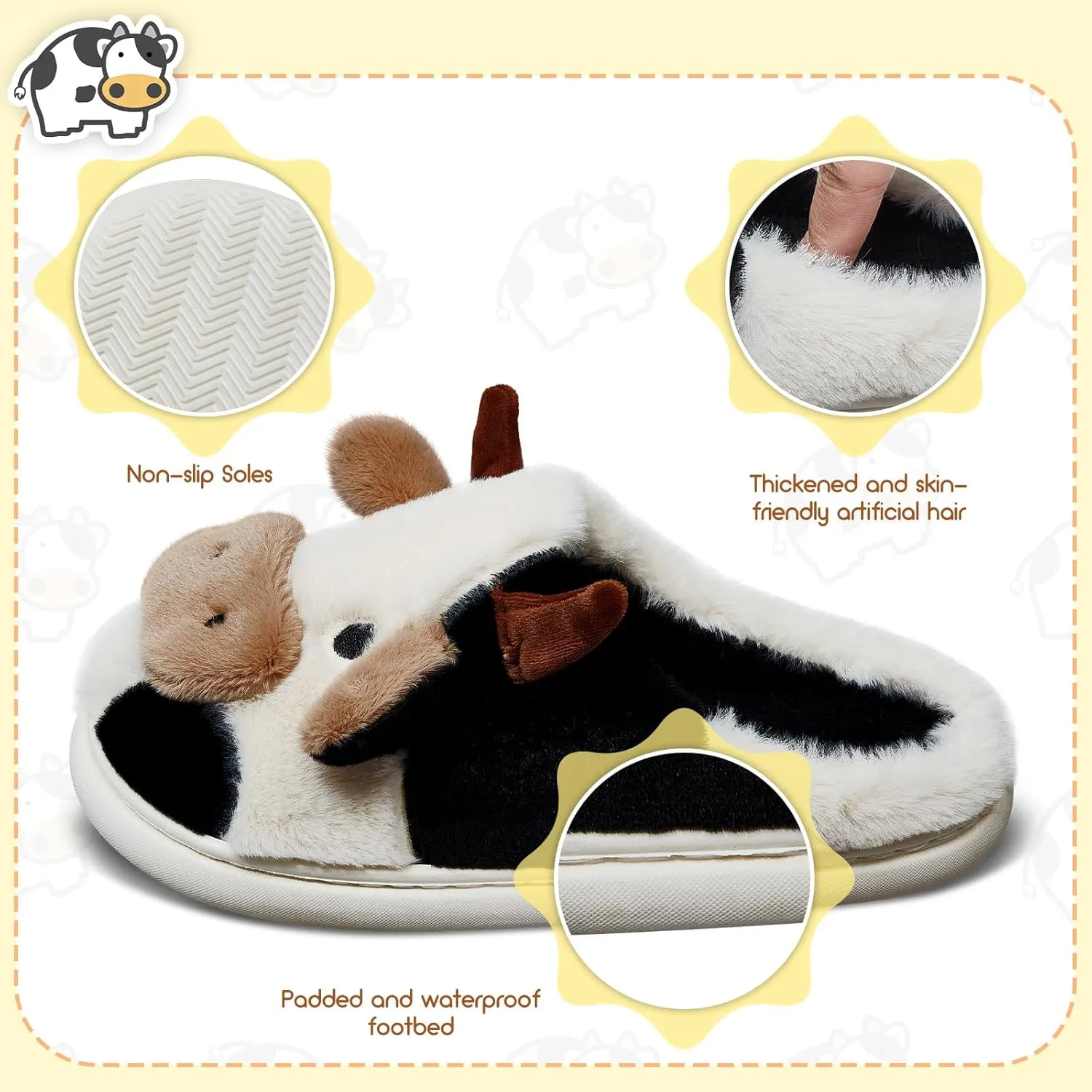 Zhanmai Fuzzy Cow Slippers Sock Gift Women Cartoon Animals Fluffy Plush Non Skid Winter Print House Shoes