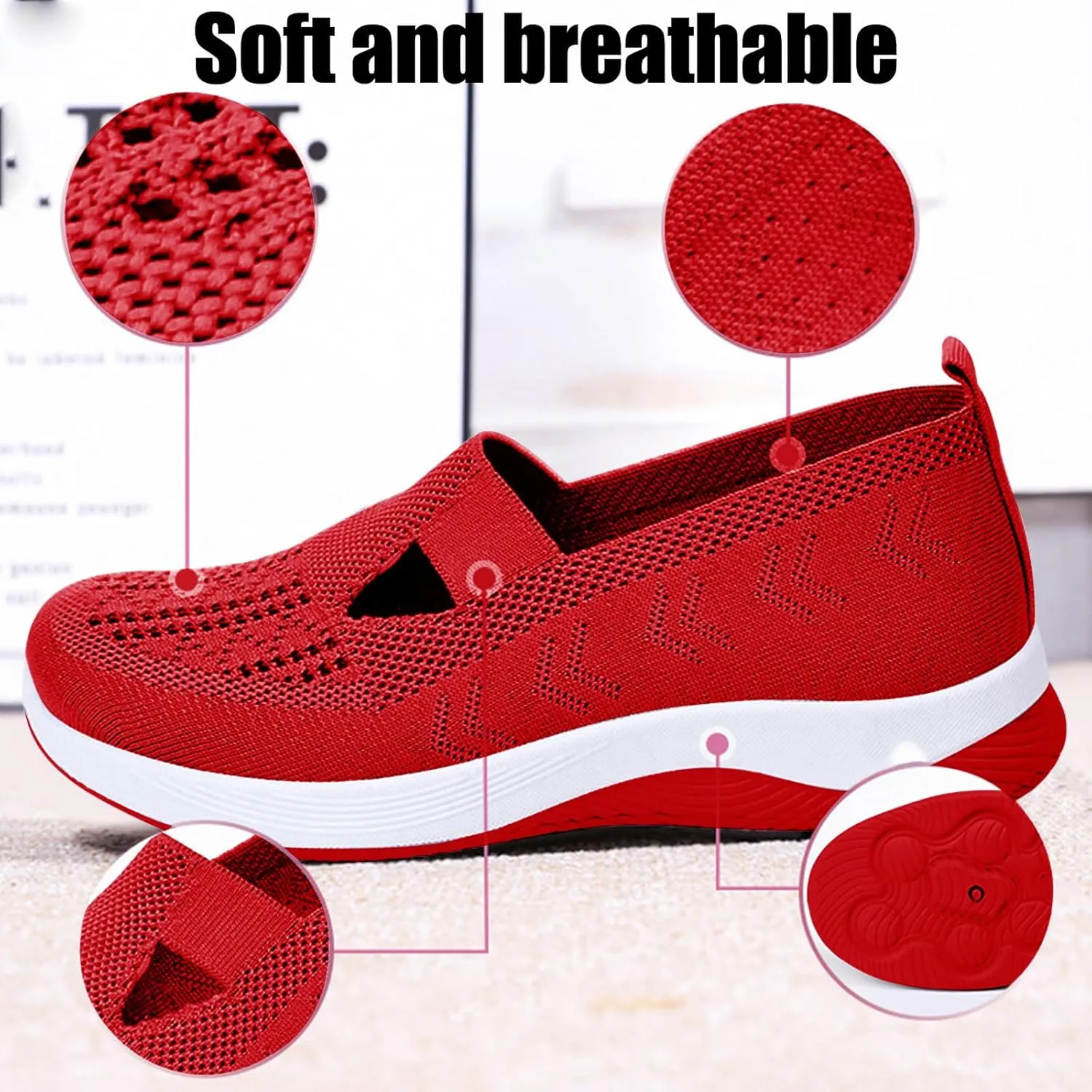 ZWRXW Orthopedic Flats for Women Lightweight Comfortable Arch Support Sneaker Breathable Knitted Soft Non-Slip Mesh Up Footwear Woven Work Walking Shoe